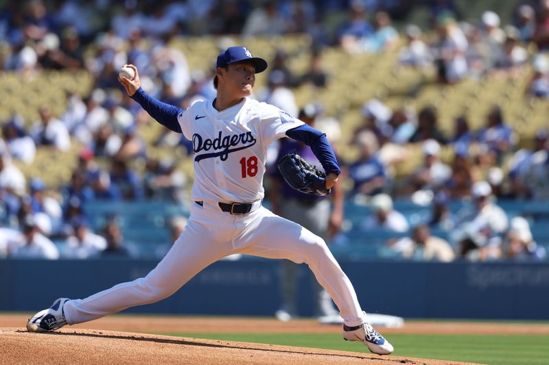 Sep 22, 2024; Los Angeles, California, USA;  Los Angeles Dodgers starting pitcher Yoshinobu Yamamoto (18) pitches during the first inning against the Colorado Rockies at Dodger Stadium. Mandatory Credit: Kiyoshi Mio-Imagn Images