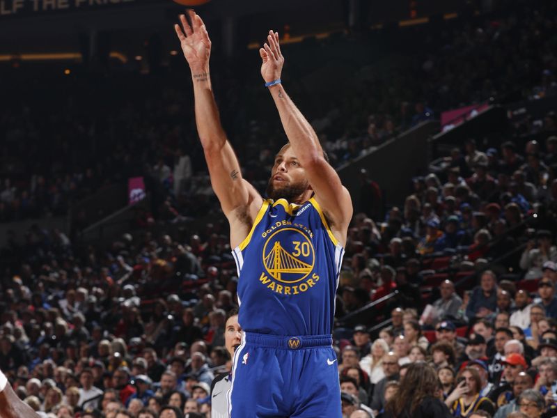 PORTLAND, OR - APRIL 11:  Stephen Curry #30 of the Golden State Warriors shoots a 3-point basket during the game  on April 11, 2024 at the Moda Center Arena in Portland, Oregon. NOTE TO USER: User expressly acknowledges and agrees that, by downloading and or using this photograph, user is consenting to the terms and conditions of the Getty Images License Agreement. Mandatory Copyright Notice: Copyright 2024 NBAE (Photo by Cameron Browne/NBAE via Getty Images)