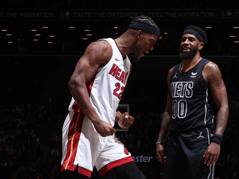 BROOKLYN, NY - JANUARY 15: Jimmy Butler #22 of the Miami Heat celebrates during the game against the Brooklyn Nets on January 15, 2024 at Barclays Center in Brooklyn, New York. NOTE TO USER: User expressly acknowledges and agrees that, by downloading and or using this Photograph, user is consenting to the terms and conditions of the Getty Images License Agreement. Mandatory Copyright Notice: Copyright 2024 NBAE (Photo by Nathaniel S. Butler/NBAE via Getty Images)