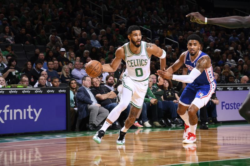 BOSTON, MA - OCTOBER 12: Jayson Tatum #0 of the Boston Celtics handles the ball during the game against the Philadelphia 76ers during a NBA Preseason game on October 12, 2024 at TD Garden in Boston, Massachusetts. NOTE TO USER: User expressly acknowledges and agrees that, by downloading and/or using this Photograph, user is consenting to the terms and conditions of the Getty Images License Agreement. Mandatory Copyright Notice: Copyright 2024 NBAE (Photo by Brian Babineau/NBAE via Getty Images)