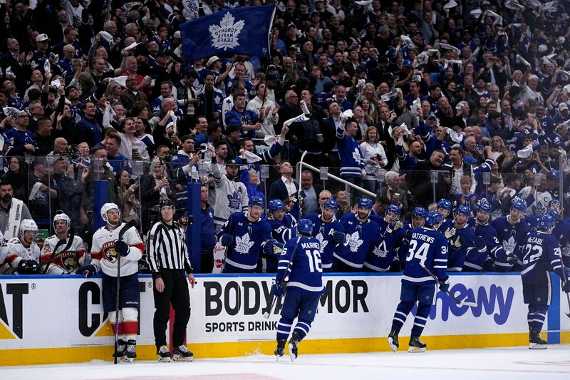May 5, 2025; Toronto, Ontario, CAN; Toronto Maple Leafs and their fans celebrate a goal by forward Matthew Knies (not pictured) during the third period of the second round of the 2025 Stanley Cup Playoffs against the Florida Panthers at Scotiabank Arena. Mandatory Credit: John E. Sokolowski-Imagn Images