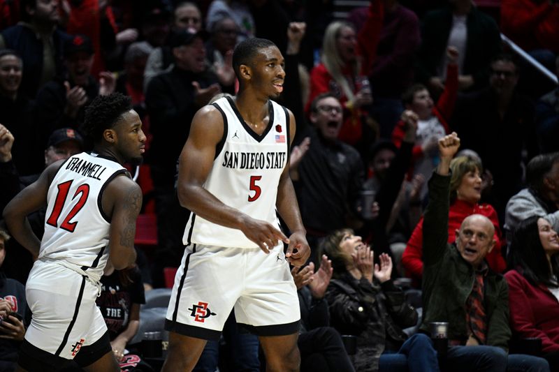 Dec 21, 2023; San Diego, California, USA; Fans react after a basket by San Diego State Aztecs guard Darrion Trammell (12) to end the first half against the Stanford Cardinal at Viejas Arena. Mandatory Credit: Orlando Ramirez-USA TODAY Sports