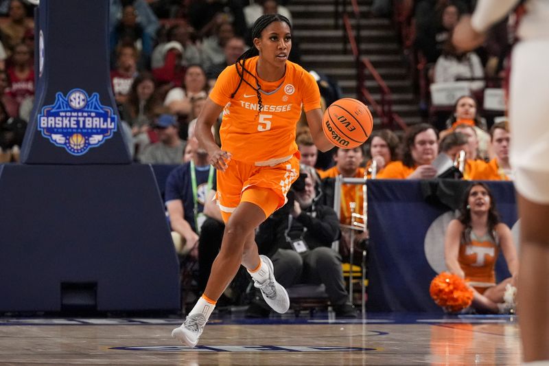 Mar 9, 2024; Greensville, SC, USA; Tennessee Lady Vols guard Kaiya Wynn (5) brings the ball up court against the South Carolina Gamecocks during the first half at Bon Secours Wellness Arena. Mandatory Credit: Jim Dedmon-USA TODAY Sports