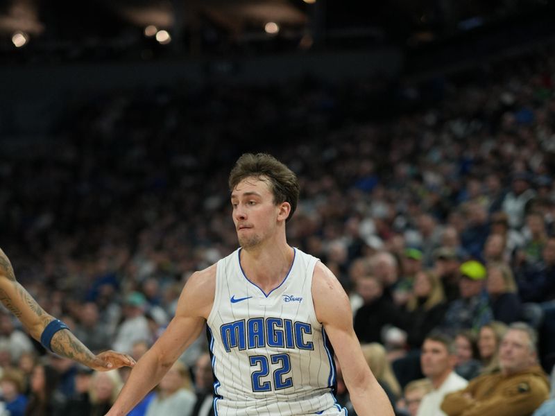 MINNEAPOLIS, MN -  FEBRUARY 2: Franz Wagner #22 of the Orlando Magic dribbles the ball during the game against the Minnesota Timberwolves on February 2, 2024 at Target Center in Minneapolis, Minnesota. NOTE TO USER: User expressly acknowledges and agrees that, by downloading and or using this Photograph, user is consenting to the terms and conditions of the Getty Images License Agreement. Mandatory Copyright Notice: Copyright 2024 NBAE (Photo by Jordan Johnson/NBAE via Getty Images)