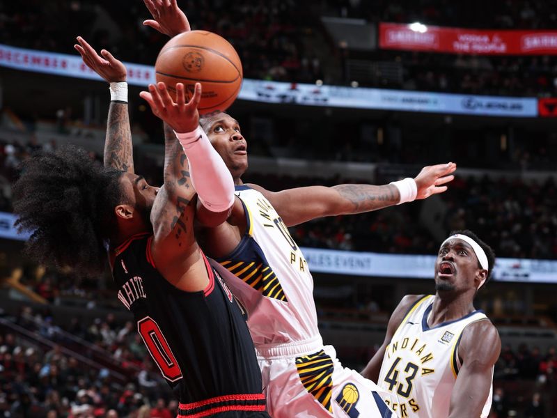 CHICAGO, IL - DECEMBER 6: Bennedict Mathurin #00 of the Indiana Pacers drives to the basket during the game against the Chicago Bulls on December 6, 2024 at United Center in Chicago, Illinois. NOTE TO USER: User expressly acknowledges and agrees that, by downloading and or using this photograph, User is consenting to the terms and conditions of the Getty Images License Agreement. Mandatory Copyright Notice: Copyright 2024 NBAE (Photo by Jeff Haynes/NBAE via Getty Images)