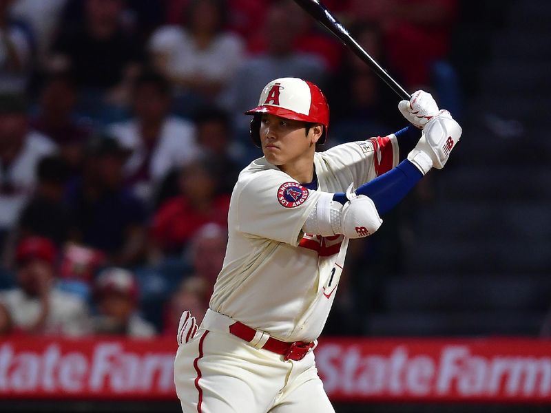 Aug 18, 2023; Anaheim, California, USA; Los Angeles Angels designated hitter Shohei Ohtani (17) hits against the Tampa Bay Rays during the fifth inning at Angel Stadium. Mandatory Credit: Gary A. Vasquez-USA TODAY Sports