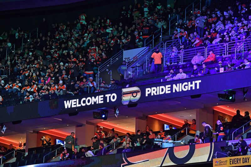 Jan 10, 2024; Philadelphia, Pennsylvania, USA; Philadelphia Flyers annual Pride Game against the Montreal Canadiens at Wells Fargo Center. Mandatory Credit: Eric Hartline-USA TODAY Sports