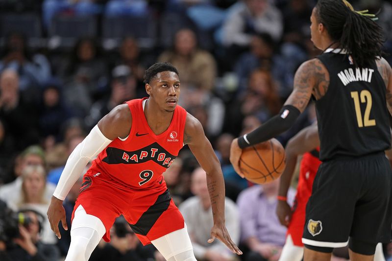 MEMPHIS, TENNESSEE - JANUARY 03: RJ Barrett #9 of the Toronto Raptors guards Ja Morant #12 of the Memphis Grizzlies during the second half at FedExForum on January 03, 2024 in Memphis, Tennessee. NOTE TO USER: User expressly acknowledges and agrees that, by downloading and or using this photograph, User is consenting to the terms and conditions of the Getty Images License Agreement. (Photo by Justin Ford/Getty Images)