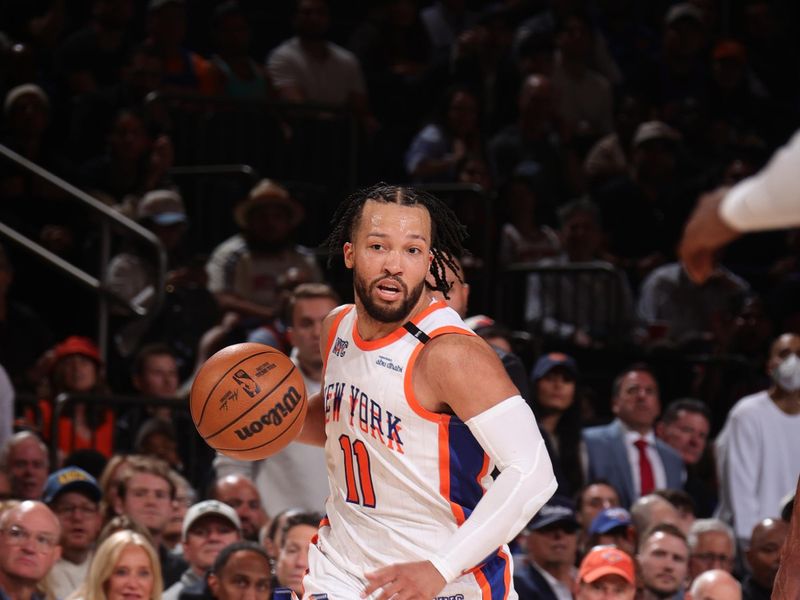 NEW YORK, NY - APRIL 29: Jalen Brunson #11 of the New York Knicks dribbles the ball during the game against the Detroit Pistons during Round 1 Game 5 of the 2025 NBA Playoffs on April 29, 2025 at Madison Square Garden in New York City, New York.  NOTE TO USER: User expressly acknowledges and agrees that, by downloading and or using this photograph, User is consenting to the terms and conditions of the Getty Images License Agreement. Mandatory Copyright Notice: Copyright 2025 NBAE  (Photo by Nathaniel S. Butler/NBAE via Getty Images)