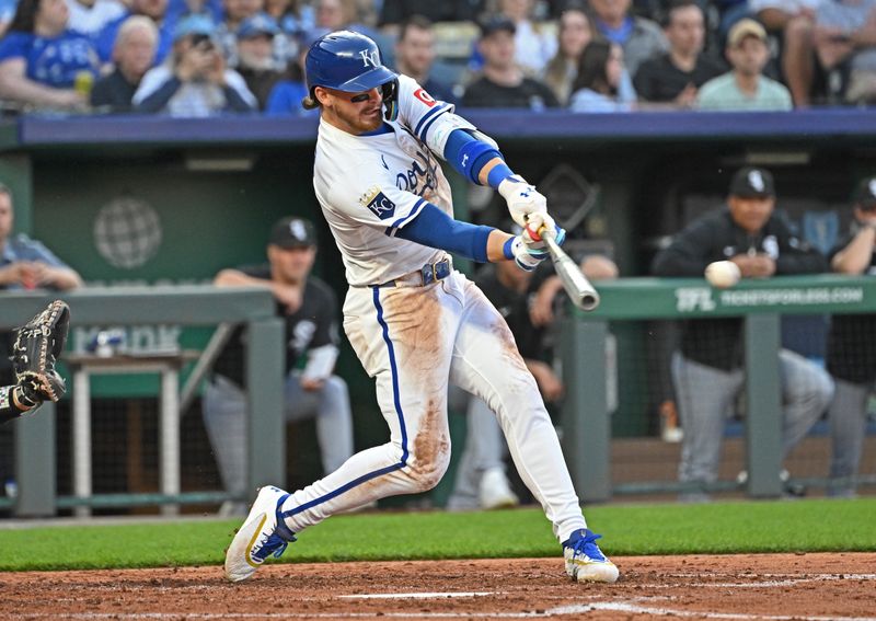 May 5, 2025; Kansas City, Missouri, USA;  Kansas City Royals shortstop Bobby Witt Jr. (7) singles in the fourth inning against the Chicago White Sox at Kauffman Stadium. Mandatory Credit: Peter Aiken-Imagn Images