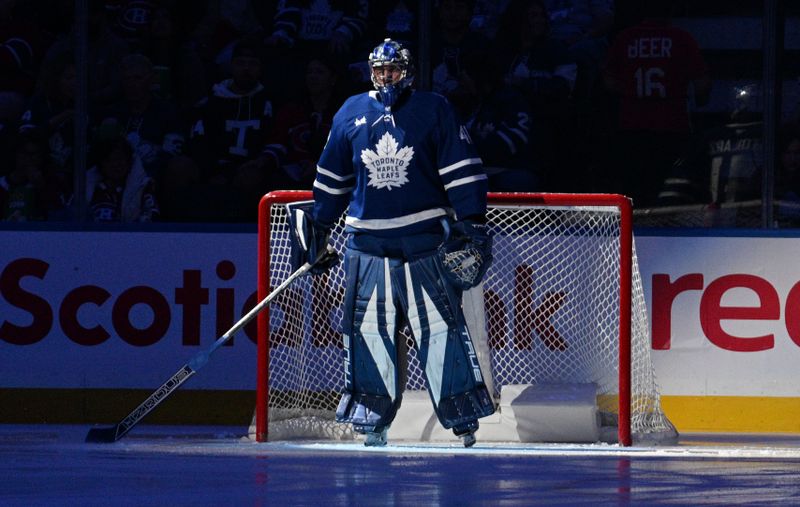 Sep 26, 2024; Toronto, Ontario, CAN;  Toronto Maple Leafs goalie Anthony Stolarz (41) stands in his goal crease prior to the start of play against the Montreal Canadiens at Scotiabank Arena. Mandatory Credit: Dan Hamilton-Imagn Images