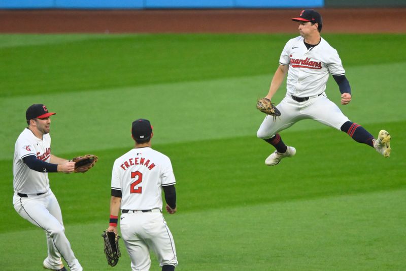 May 20, 2024; Cleveland, Ohio, USA; The Cleveland Guardians celebrate a win over the New York Mets at Progressive Field. Mandatory Credit: David Richard-USA TODAY Sports