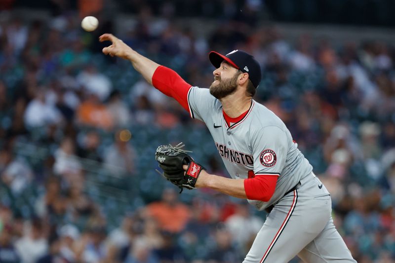 Jun 12, 2024; Detroit, Michigan, USA;  Washington Nationals relief pitcher Dylan Floro (44) pitches in the eighth inning against the Detroit Tigers at Comerica Park. Mandatory Credit: Rick Osentoski-USA TODAY Sports
