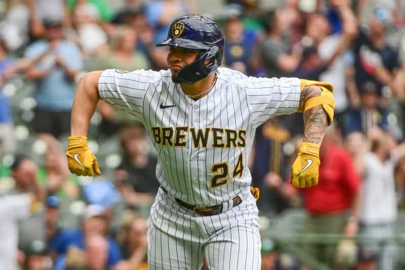 Jun 10, 2023; Milwaukee, Wisconsin, USA; Milwaukee Brewers catcher William Contreras (24) reacts after hitting a solo home run against the Oakland Athletics in the eighth inning at American Family Field. Mandatory Credit: Benny Sieu-USA TODAY Sports