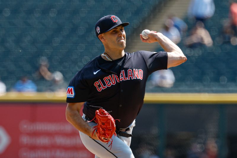 Sep 11, 2024; Chicago, Illinois, USA; Cleveland Guardians starting pitcher Matthew Boyd (16) delivers a pitch against the Chicago White Sox during the first inning at Guaranteed Rate Field. Mandatory Credit: Kamil Krzaczynski-Imagn Images