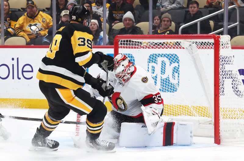 Feb 2, 2026; Pittsburgh, Pennsylvania, USA;  Ottawa Senators goaltender Linus Ullmark (35) makes a save against Pittsburgh Penguins right wing Anthony Mantha (39) during the first period at PPG Paints Arena. Mandatory Credit: Charles LeClaire-Imagn Images