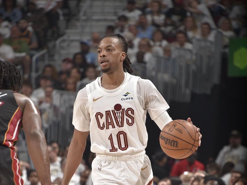 CLEVELAND, OH - APRIL 23: Darius Garland #10 of the Cleveland Cavaliers dribbles the ball during Round One Game Two of the 2025 NBA Playoffs against the Miami Heat on April 23, 2025 at Rocket Mortgage FieldHouse in Cleveland, Ohio. NOTE TO USER: User expressly acknowledges and agrees that, by downloading and/or using this Photograph, user is consenting to the terms and conditions of the Getty Images License Agreement. Mandatory Copyright Notice: Copyright 2025 NBAE (Photo by David Liam Kyle/NBAE via Getty Images)