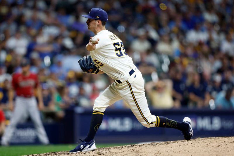 Oct 4, 2023; Milwaukee, Wisconsin, USA; Milwaukee Brewers relief pitcher Hoby Milner (55) pitches in the seventh inning against the Arizona Diamondbacks during game two of the Wildcard series for the 2023 MLB playoffs at American Family Field. Mandatory Credit: Kamil Krzaczynski-USA TODAY Sports