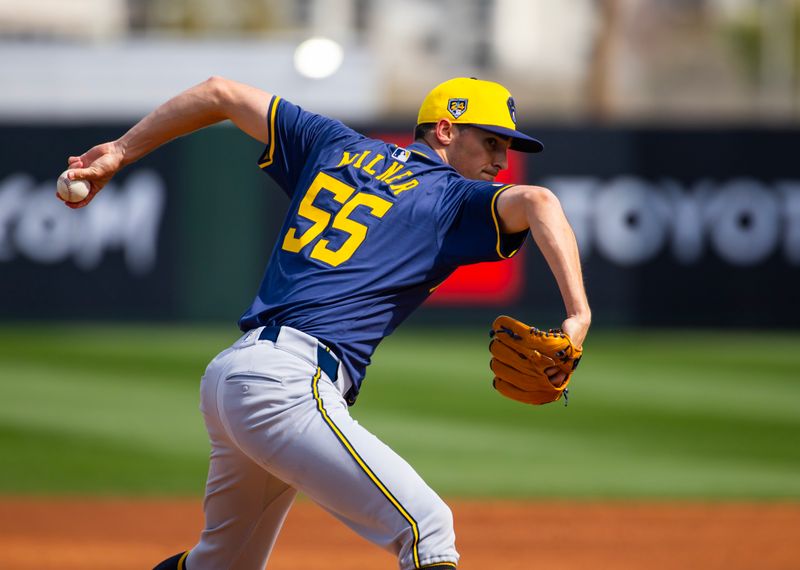 Feb 27, 2024; Tempe, Arizona, USA; Milwaukee Brewers pitcher Hoby Milner against the Los Angeles Angels during a spring training game at Tempe Diablo Stadium. Mandatory Credit: Mark J. Rebilas-USA TODAY Sports