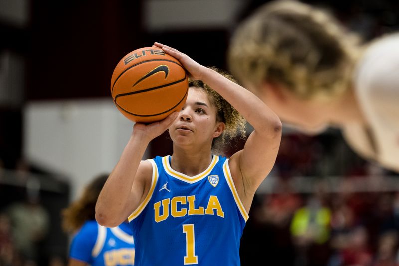 Feb 20, 2023; Stanford, California, USA;  UCLA Bruins guard Kiki Rice (1) takes a free-throw against the Stanford Cardinal during the second half at Maples Pavilion. Mandatory Credit: John Hefti-USA TODAY Sports