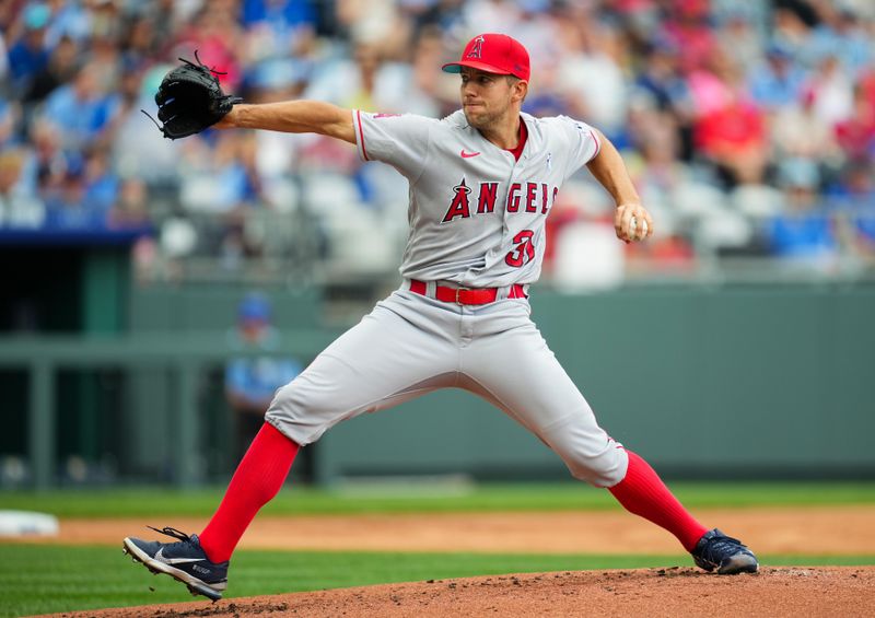 Jun 18, 2023; Kansas City, Missouri, USA; Los Angeles Angels starting pitcher Tyler Anderson (31) pitches during the first inning against the Kansas City Royals at Kauffman Stadium. Mandatory Credit: Jay Biggerstaff-USA TODAY Sports