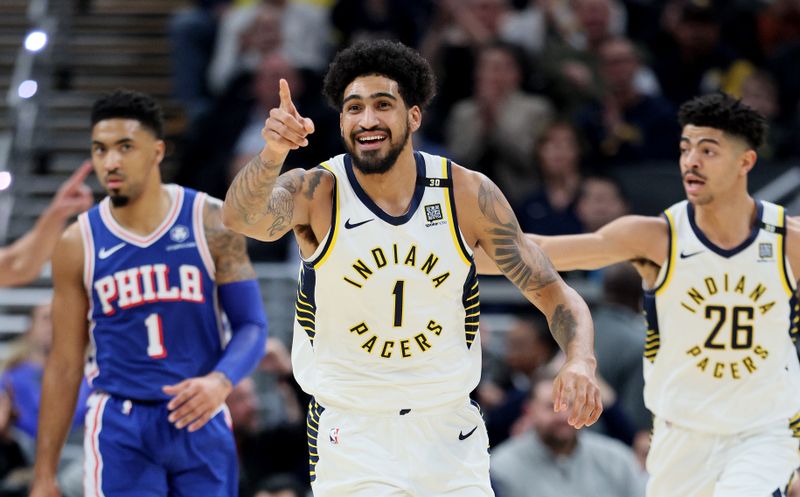 INDIANAPOLIS, INDIANA - JANUARY 25: Obi Toppin #1 of the Indiana Pacers celebrates against the Philadelphia 76ers during the second half of the game at Gainbridge Fieldhouse on January 25, 2024 in Indianapolis, Indiana.    NOTE TO USER: User expressly acknowledges and agrees that, by downloading and or using this photograph, User is consenting to the terms and conditions of the Getty Images License Agreement.  (Photo by Andy Lyons/Getty Images)