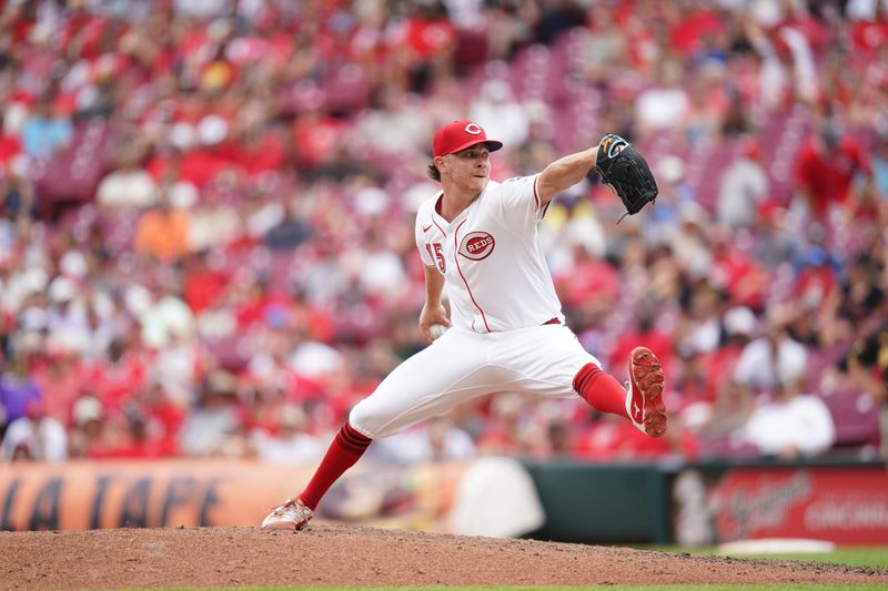 Jun 29, 2025; Cincinnati, Ohio, USA; Cincinnati Reds pitcher Emilio Pagán (15) throws a pitch in the ninth inning the San Diego Padres at Great American Ball Park. Mandatory Credit: Frank Bowen IV/ The USAToday Network via Imagn Images