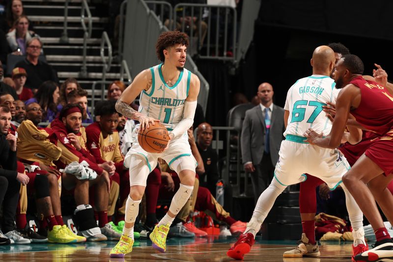 CHARLOTTE, NC - MARCH 7: LaMelo Ball #1 of the Charlotte Hornets handles the ball during the game against the Cleveland Cavaliers on March 7, 2025 at Spectrum Center in Charlotte, North Carolina. NOTE TO USER: User expressly acknowledges and agrees that, by downloading and or using this photograph, User is consenting to the terms and conditions of the Getty Images License Agreement. Mandatory Copyright Notice: Copyright 2025 NBAE(Photo by Kent Smith/NBAE via Getty Images)