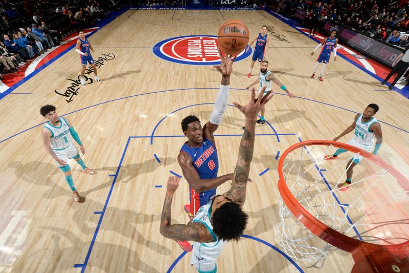 DETROIT, MI - JANUARY 24: Jalen Duren #0 of the Detroit Pistons drives to the basket during the game against the Charlotte Hornets on January 24, 2024 at Little Caesars Arena in Detroit, Michigan. NOTE TO USER: User expressly acknowledges and agrees that, by downloading and/or using this photograph, User is consenting to the terms and conditions of the Getty Images License Agreement. Mandatory Copyright Notice: Copyright 2024 NBAE (Photo by Chris Schwegler/NBAE via Getty Images)