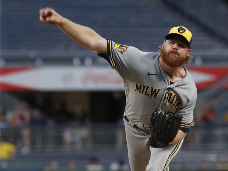 Sep 5, 2023; Pittsburgh, Pennsylvania, USA; Milwaukee Brewers starting pitcher Brandon Woodruff (53) pitches against the Pittsburgh Pirates during the fourth inning at PNC Park. Mandatory Credit: Charles LeClaire-USA TODAY Sports