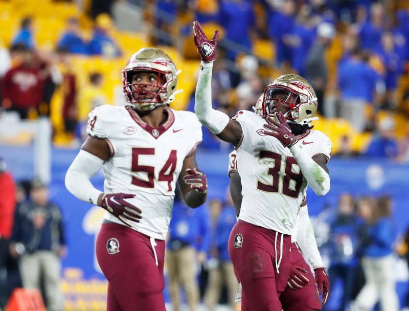 Nov 4, 2023; Pittsburgh, Pennsylvania, USA;  Florida State Seminoles defensive back Shyheim Brown (38) celebrates his fumble recovery alongside defensive lineman Byron Turner Jr. (54) against the Pittsburgh Panthers during the fourth quarter at Acrisure Stadium. The Seminoles won 24-7. Mandatory Credit: Charles LeClaire-USA TODAY Sports