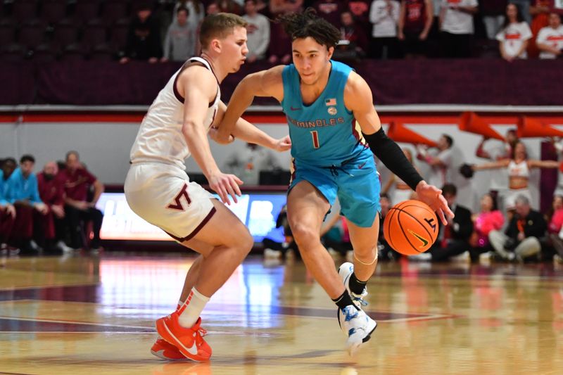 Feb 13, 2024; Blacksburg, Virginia, USA; Florida State Seminoles guard Jalen Warley (1) drives against Virginia Tech Hokies guard Sean Pedulla (3) during the first half at Cassell Coliseum. Mandatory Credit: Brian Bishop-USA TODAY Sports