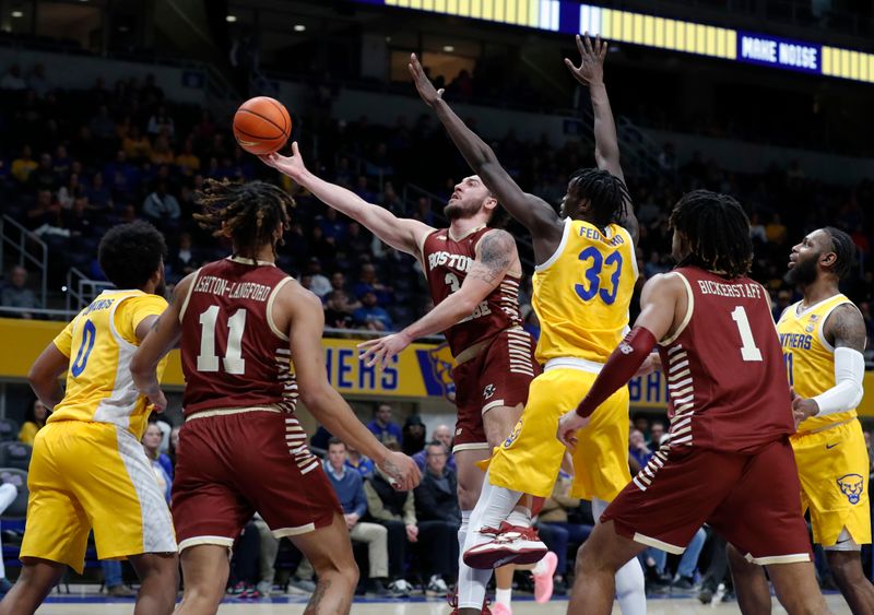 Feb 14, 2023; Pittsburgh, Pennsylvania, USA;  Boston College Eagles guard Jaeden Zackery (3) goes to the basket against the Pittsburgh Panthers during the second half at the Petersen Events Center.  Pittsburgh won 77-58. Mandatory Credit: Charles LeClaire-USA TODAY Sports