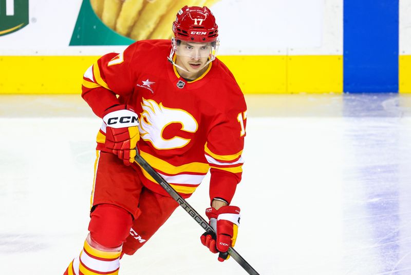 Nov 3, 2024; Calgary, Alberta, CAN; Calgary Flames center Yegor Sharangovich (17) skates during the warmup period against the Edmonton Oilers at Scotiabank Saddledome. Mandatory Credit: Sergei Belski-Imagn Images