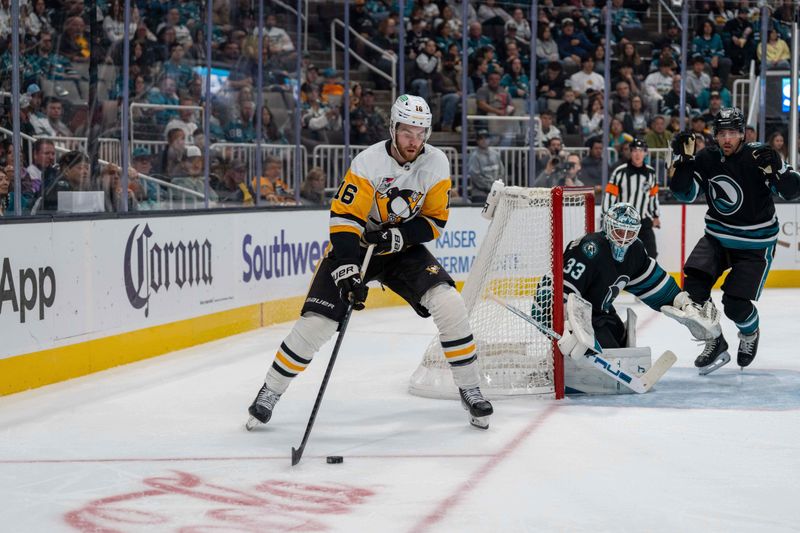 Oct 18, 2025; San Jose, California, USA; Pittsburgh Penguins right wing Justin Brazeau (16) passes the puck against the San Jose Sharks during the second period at SAP Center at San Jose. Mandatory Credit: Neville E. Guard-Imagn Images