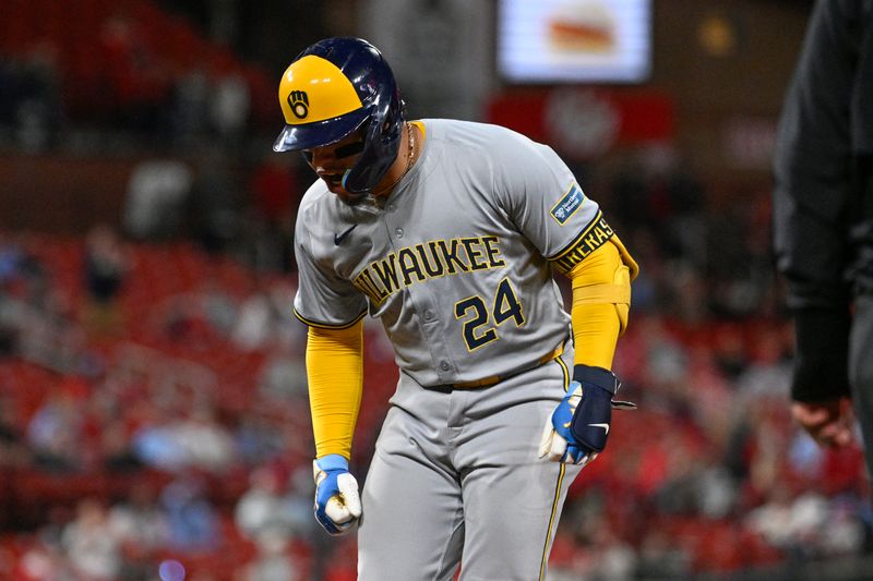 Apr 19, 2024; St. Louis, Missouri, USA; Milwaukee Brewers catcher William Contreras (24) reacts after hitting an RBI single against the St. Louis Cardinals in the tenth inning at Busch Stadium. Mandatory Credit: Joe Puetz-USA TODAY Sports