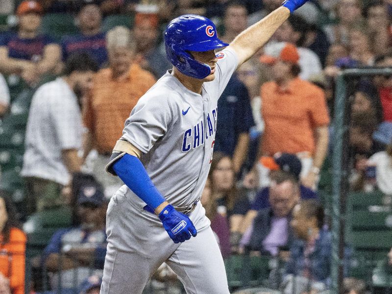 May 16, 2023; Houston, Texas, USA;  Chicago Cubs first baseman Matt Mervis (22) celebrate his home run against the Houston Astros in the second inning at Minute Maid Park. Mandatory Credit: Thomas Shea-USA TODAY Sports