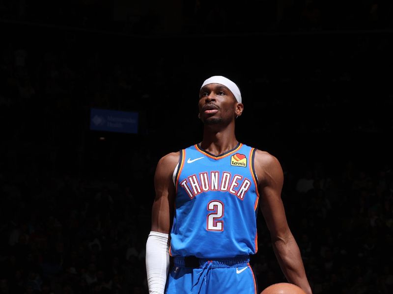 BROOKLYN, NY - JANUARY 5: Shai Gilgeous-Alexander #2 of the Oklahoma City Thunder shoots a free throw during the game on January 5, 2024 at Barclays Center in Brooklyn, New York. NOTE TO USER: User expressly acknowledges and agrees that, by downloading and or using this Photograph, user is consenting to the terms and conditions of the Getty Images License Agreement. Mandatory Copyright Notice: Copyright 2024 NBAE (Photo by Nathaniel S. Butler/NBAE via Getty Images)