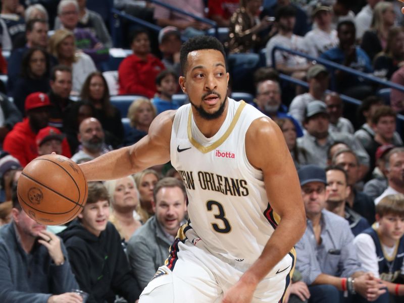 NEW ORLEANS, LA - MARCH 28: CJ McCollum #3 of the New Orleans Pelicans goes to the basket during the game on March 28, 2024 at the Smoothie King Center in New Orleans, Louisiana. NOTE TO USER: User expressly acknowledges and agrees that, by downloading and or using this Photograph, user is consenting to the terms and conditions of the Getty Images License Agreement. Mandatory Copyright Notice: Copyright 2024 NBAE (Photo by Layne Murdoch Jr./NBAE via Getty Images)