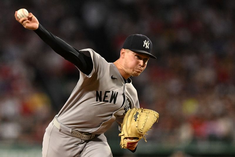 Sep 14, 2025; Boston, Massachusetts, USA;  New York Yankees starting pitcher Will Warren (98) pitches against the Boston Red Sox  during the first inning at Fenway Park. Mandatory Credit: Brian Fluharty-Imagn Images