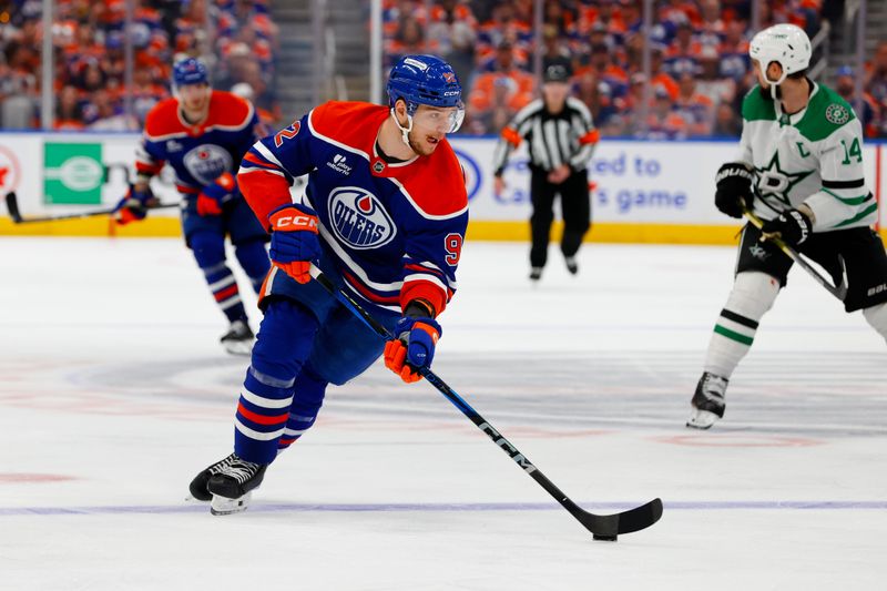 May 25, 2025; Edmonton, Alberta, CAN; Edmonton Oilers right wing Vasily Podkolzin (92) skates against the Dallas Stars during the third period in game three of the Western Conference Final of the 2025 Stanley Cup Playoffs at Rogers Place. Mandatory Credit: Perry Nelson-Imagn Images