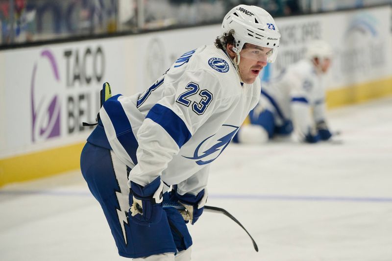 Mar 21, 2024; San Jose, California, USA; Tampa Bay Lightning center Michael Eyssimont (23) warms up before the game against the San Jose Sharks at SAP Center at San Jose. Mandatory Credit: Robert Edwards-USA TODAY Sports