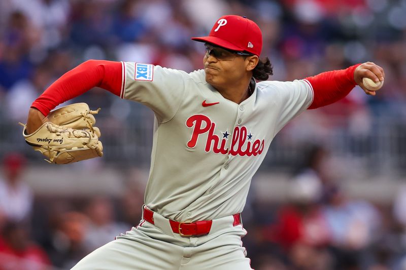 Apr 10, 2025; Atlanta, Georgia, USA; Philadelphia Phillies starting pitcher Jesus Luzardo (44) throws against the Atlanta Braves in the first inning at Truist Park. Mandatory Credit: Brett Davis-Imagn Images