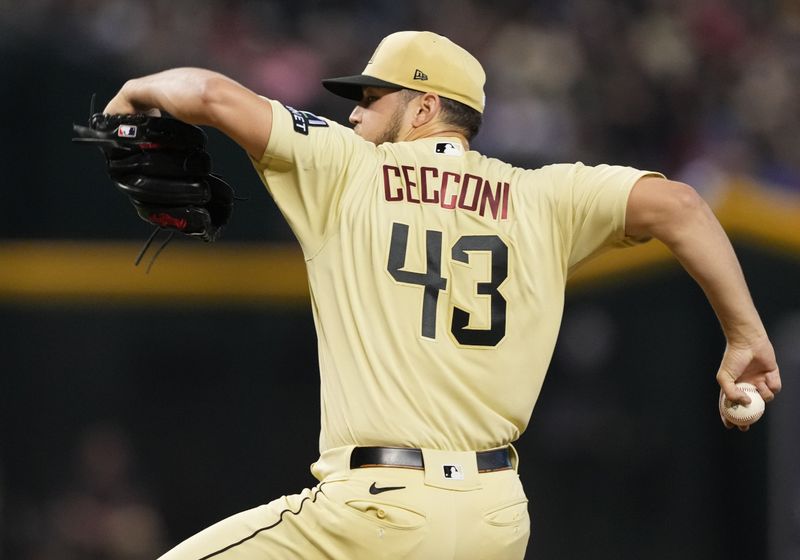 Sep 2, 2023; Phoenix, Arizona, USA; Arizona Diamondbacks starting pitcher Slade Cecconi (43) pitches against the Baltimore Orioles during the first inning at Chase Field. Mandatory Credit: Joe Camporeale-USA TODAY Sports