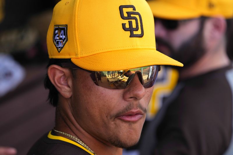 Feb 24, 2024; Peoria, Arizona, USA; San Diego Padres catcher Ethan Salas looks on against the Milwaukee Brewers during the second inning of a Spring Training game at Peoria Sports Complex. Mandatory Credit: Joe Camporeale-USA TODAY Sports