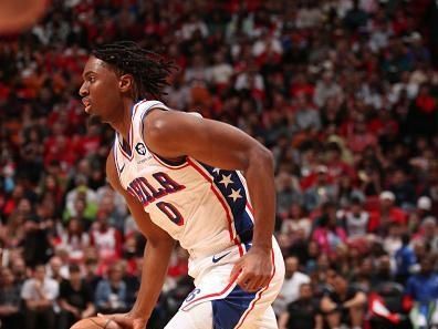 MIAMI, FL - DECEMBER 25:  Tyrese Maxey #0 of the Philadelphia 76ers handles the ball during the game  on December 25, 2023 at Kaseya Center Arena in Miami, Florida. NOTE TO USER: User expressly acknowledges and agrees that, by downloading and or using this Photograph, user is consenting to the terms and conditions of the Getty Images License Agreement. Mandatory Copyright Notice: Copyright 2023 NBAE (Photo by Issac Baldizon/NBAE via Getty Images)