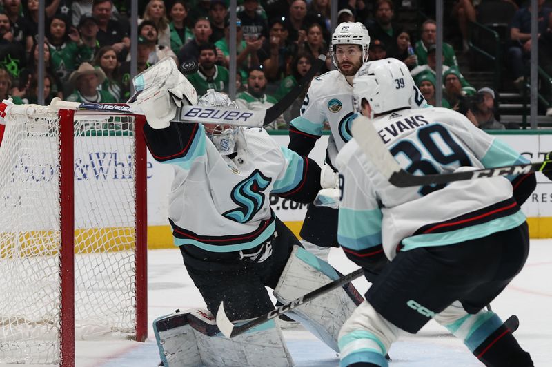 Apr 13, 2024; Dallas, Texas, USA; Seattle Kraken goaltender Philipp Grubauer (31) makes a save against the Dallas Stars in the second period at American Airlines Center. Mandatory Credit: Tim Heitman-USA TODAY Sports