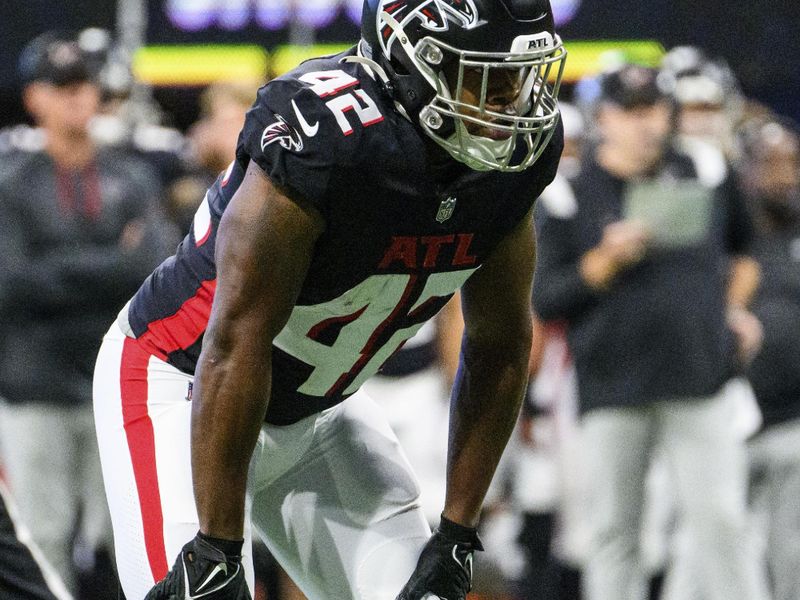 Atlanta Falcons running back Caleb Huntley (42) lines up during the first half of an NFL football game against the Jacksonville Jaguars, Saturday, Aug. 27, 2022, in Atlanta. The Atlanta Falcons won 28-12. (AP Photo/Danny Karnik)