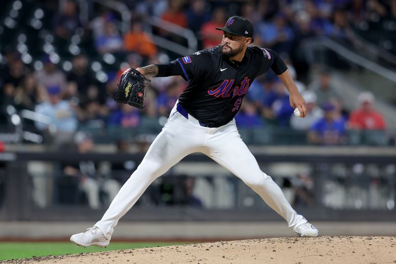 Sep 6, 2024; New York City, New York, USA; New York Mets starting pitcher Sean Manaea (59) pitches against the Cincinnati Reds during the third inning at Citi Field. Mandatory Credit: Brad Penner-Imagn Images