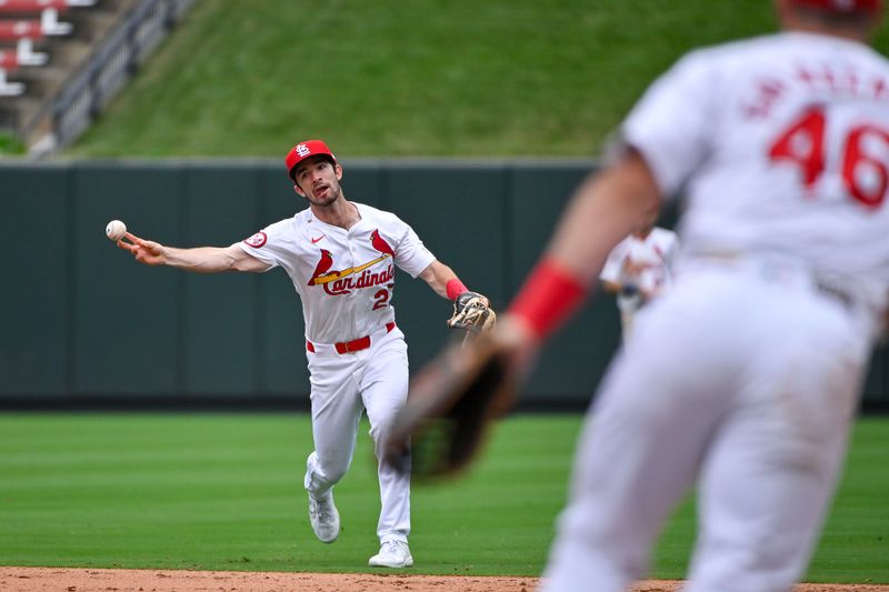 Sep 12, 2024; St. Louis, Missouri, USA;  St. Louis Cardinals second baseman Thomas Saggese (25) throws to first against the Cincinnati Reds during the ninth inning at Busch Stadium. Mandatory Credit: Jeff Curry-Imagn Images